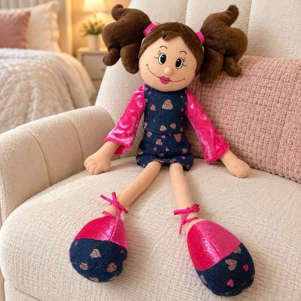 Vintage Cloth Rag Doll 19” Brown Pigtails Pink Outfit Denim Hearts Soft Plush